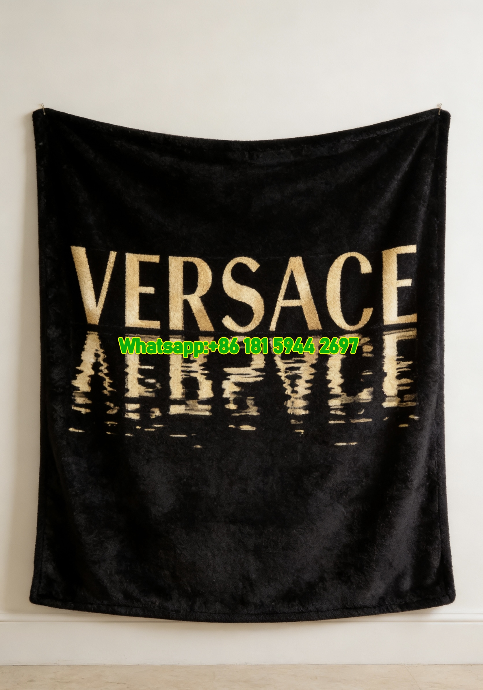 Versace Black Gold Reflective Logo Print Flannel Sofa Throw Blanket IMG_1448